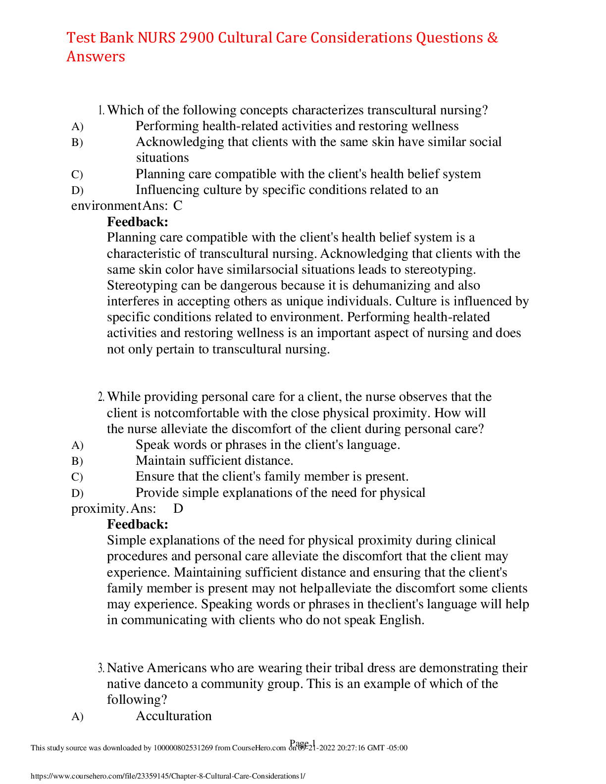 Preview image for Test Bank NURS 2900 Cultural Care Considerations Questions & Answers,100% CORRECT